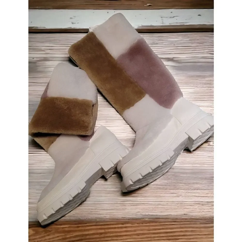 Free People Happy Thoughts Shearling Fur Boot Colorblock White Tan Rose 7 1/2